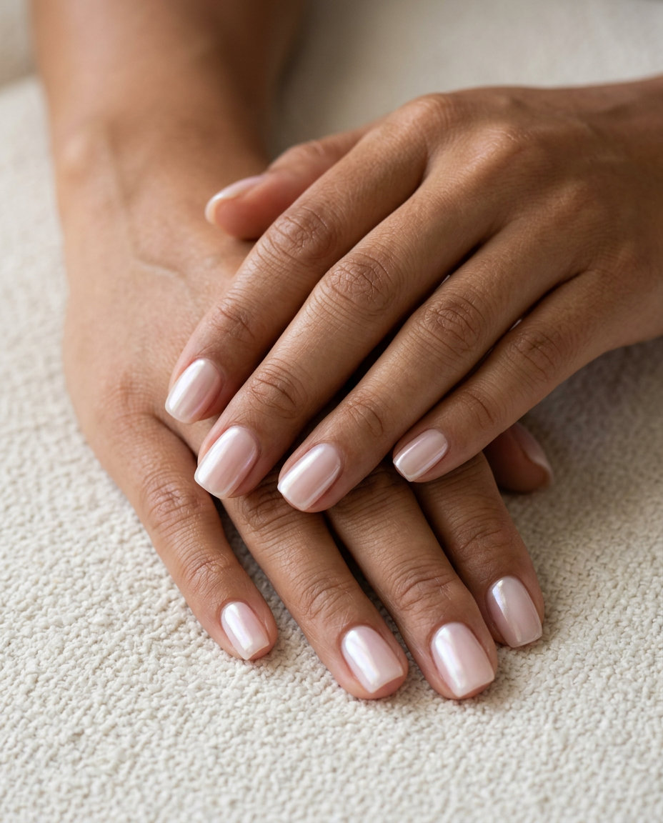 Short summer nails 2026: Sheer pink glazed donut effect on rounded nails for casual everyday or wedding guest.