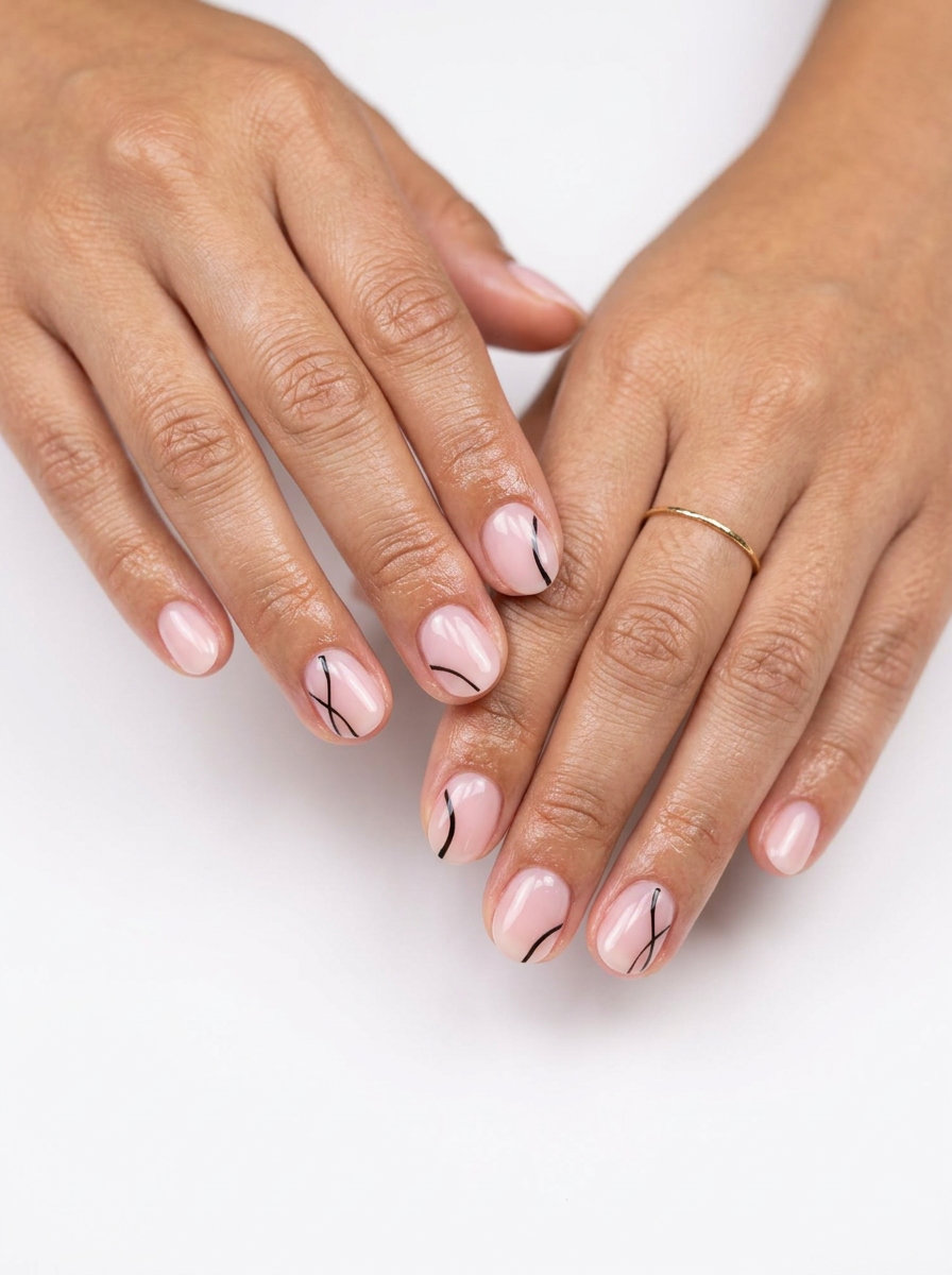Minimalist sheer pink negative space nails with black lines for short summer nails 2026.