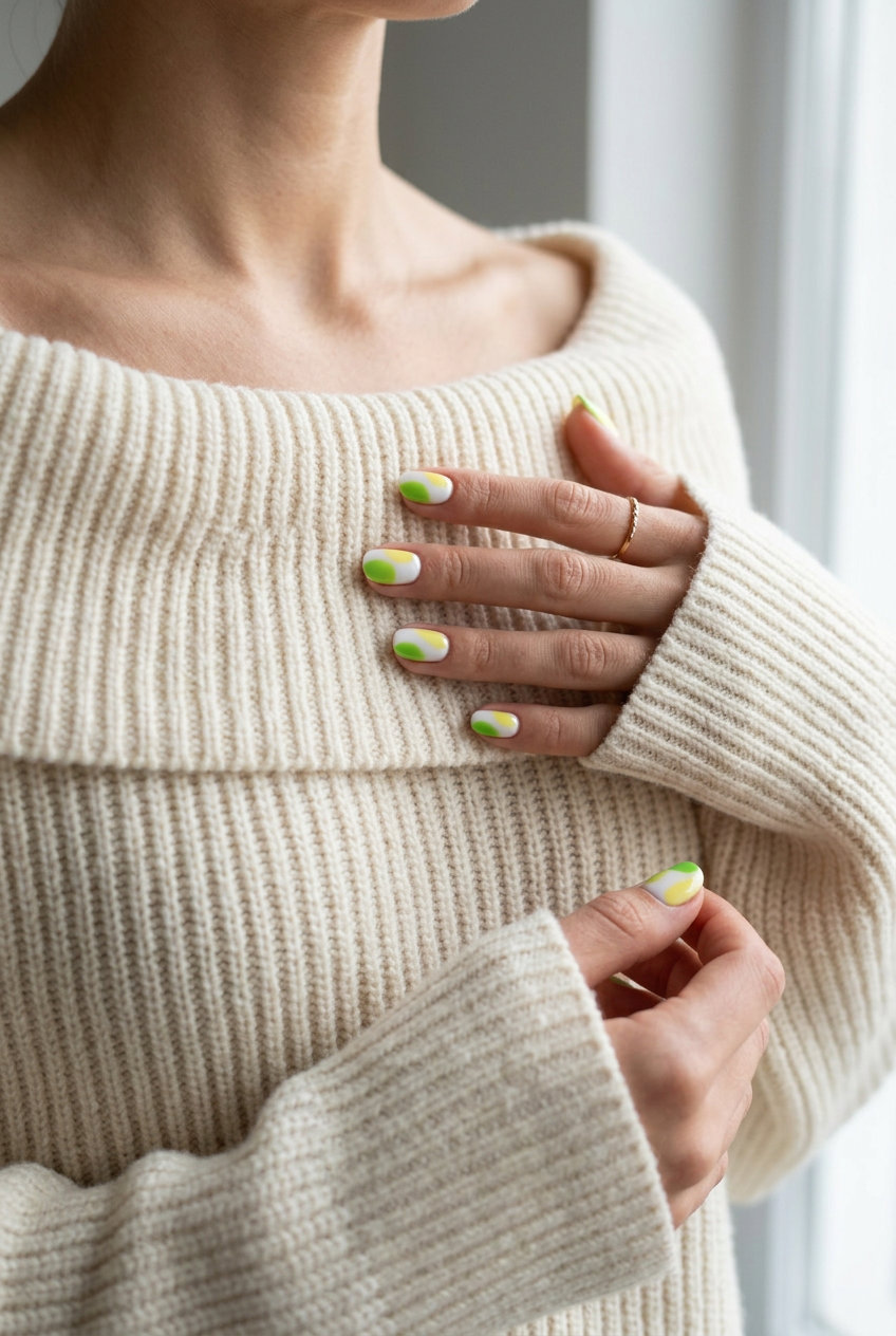 Playful white abstract color block nails with lime green and butter yellow for short summer nails 2026.