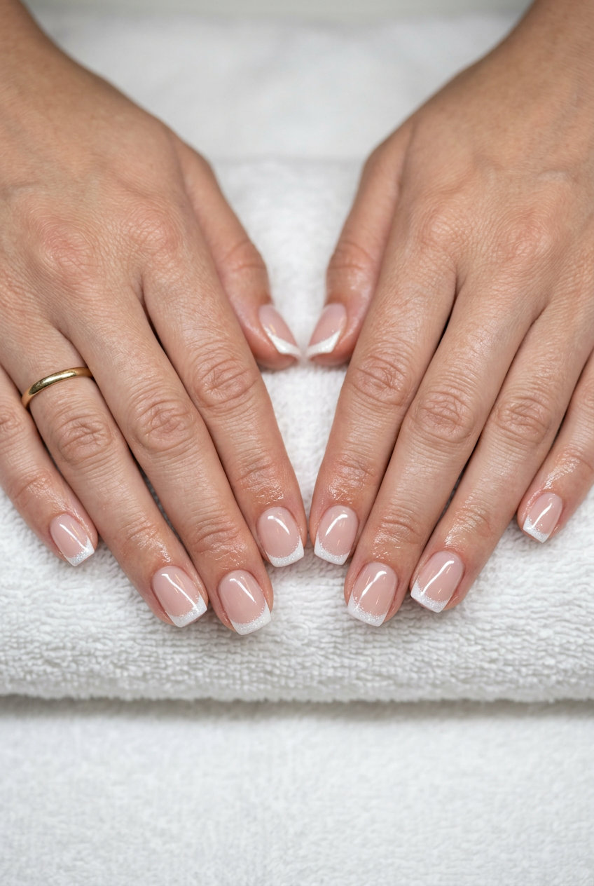 Glamorous white glitter micro French tips on short soft square nails for short summer nails 2026.