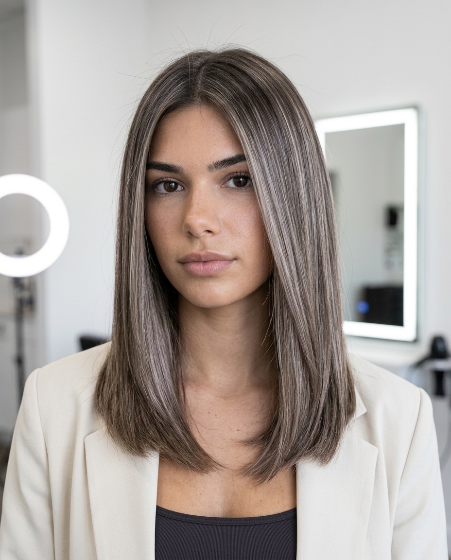 Silver Oyster Mushroom Brown Layers 2026 long layered mushroom brown hair color with silver ash babylights, full head babylights, high-shine — glamorous