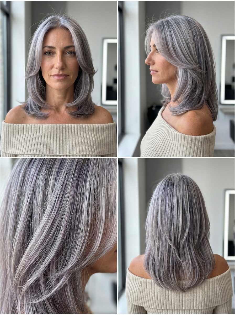collarbone-length haircut with multi-dimensional silver & slate lowlights, C-shaped face-framing layers for formal event