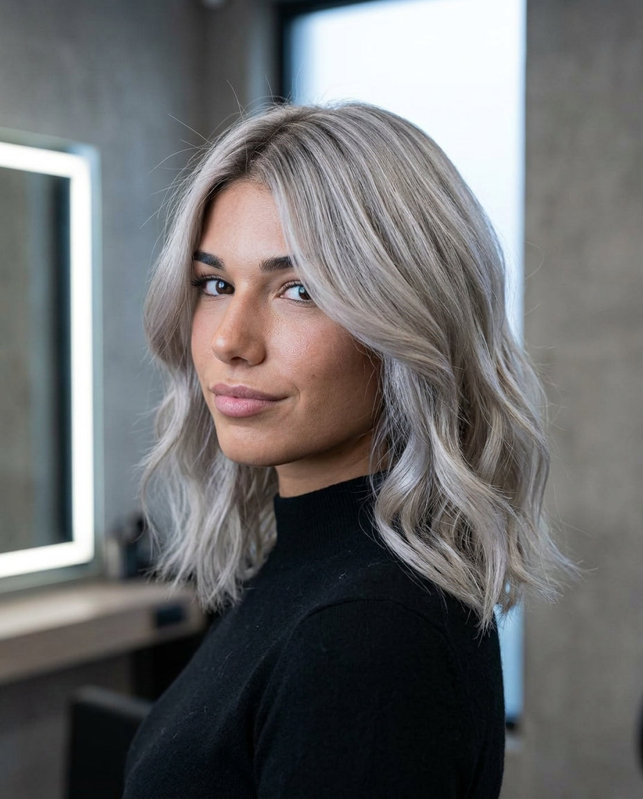 shoulder-length lob haircut in silver fox platinum with charcoal root smudge and curtain bangs for sophisticated