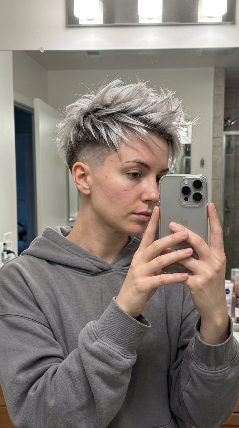 short silver fox platinum pixie with undercut and textured top for edgy looks