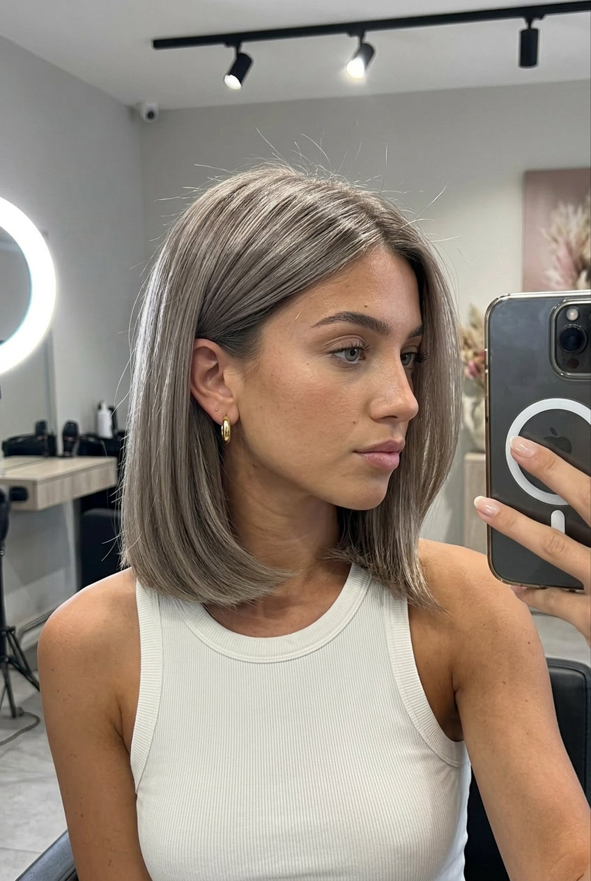 Silver Oyster Mushroom Brown Bob 2026 short blunt bob mushroom brown hair color with silver oyster gloss, all-over application, sleek — glamorous
