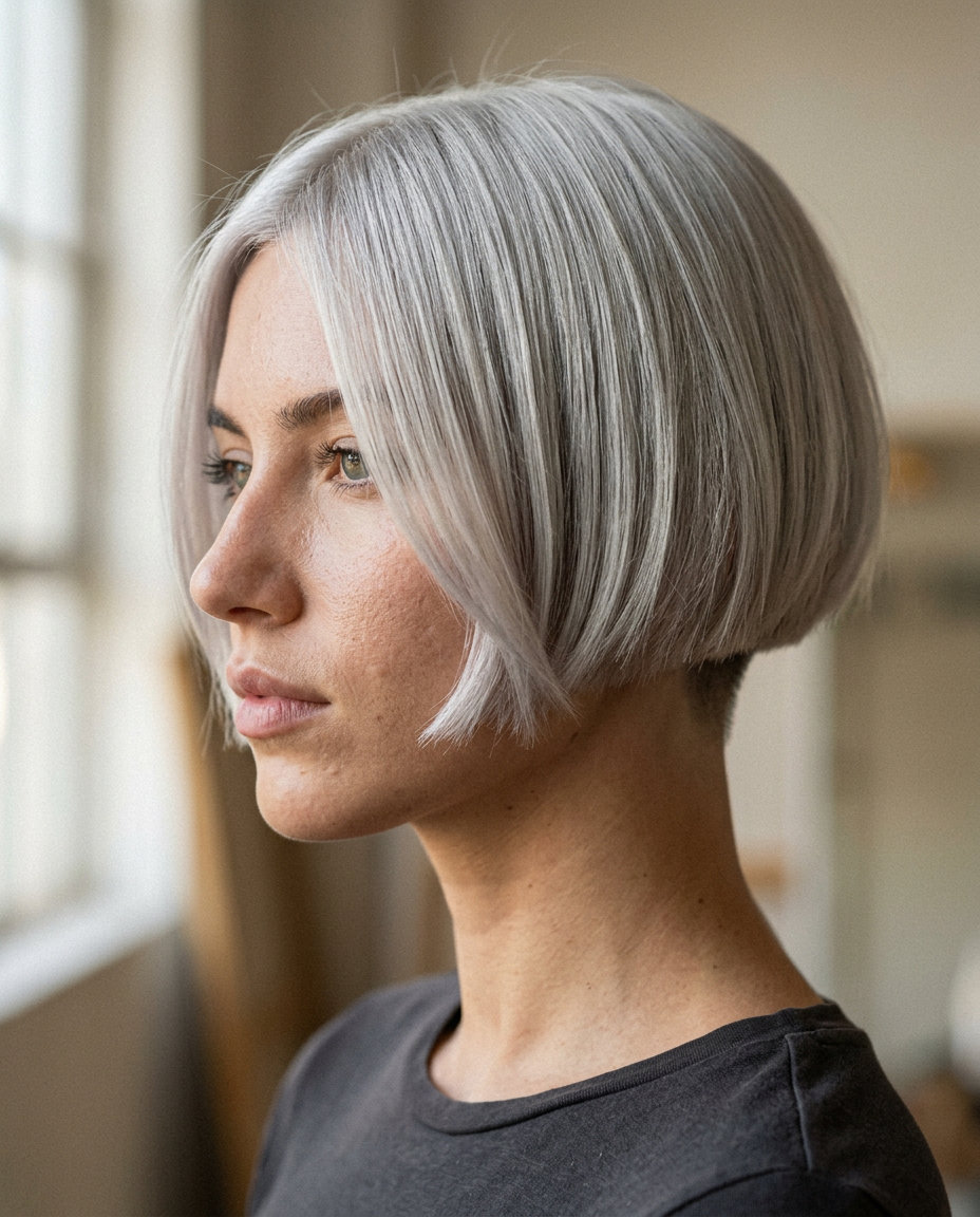 short bob haircut with silver platinum & charcoal root, blunt cut with undercut for edgy look