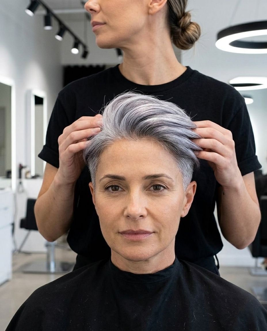 short crop haircut with natural silver & high-shine gloss, tapered fade, no fringe for daily wear