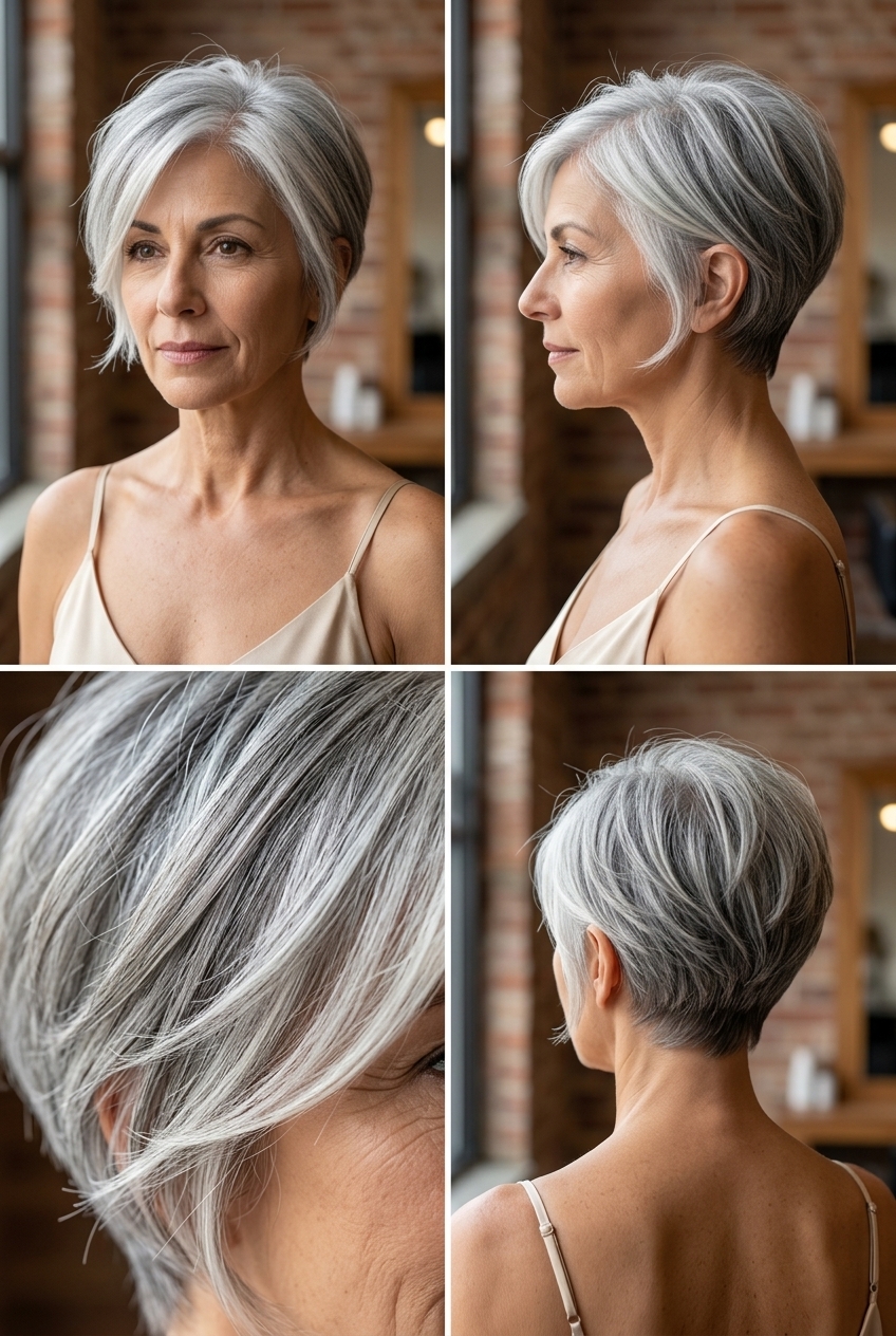 short silver pixie haircut with tapered sides and wispy face-framing for modern sophistication