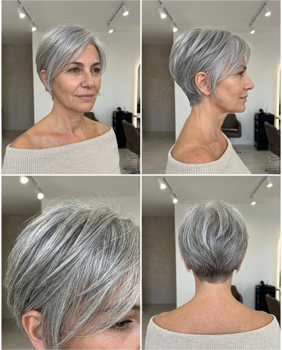 short silver pixie haircut with textured layers and wispy fringe for edgy confidence