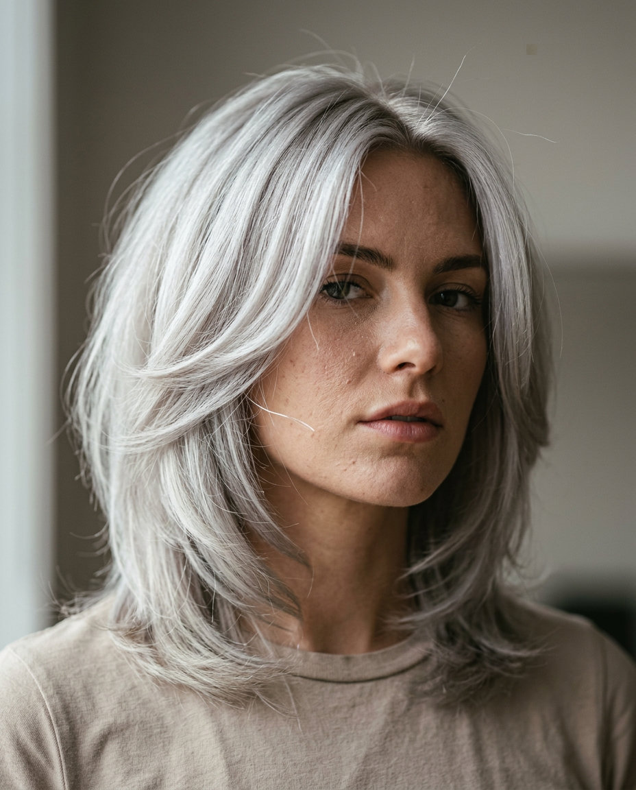 shoulder-grazing silver butterfly haircut with sharp face-framing layers and piecey texture for edgy look