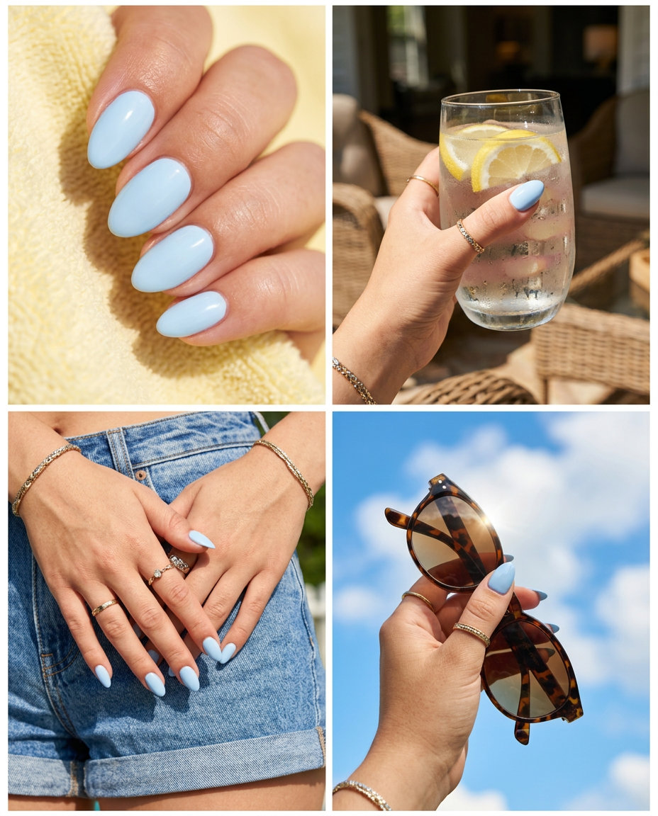 Calm Sky Nails 2026: Chic Summer Style Simple short summer nails 2026: Pale sky blue almond nails with opaque finish for chic, everyday wear.