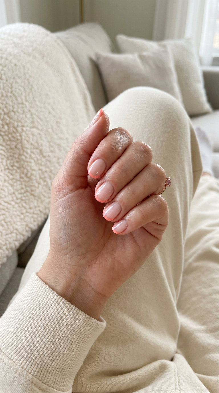 Coral French Tips 2026 | Vacation Style Light coral micro French tips on natural pink base for vacation. Simple short summer nails 2026.