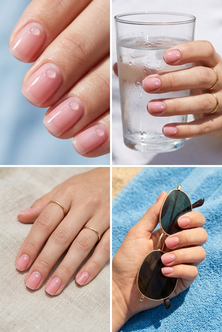 Dewy Pink Nails 2026: Romantic Summer Style Simple short summer nails 2026: Dewy pink jelly nails with clear dew drop accents for romantic, everyday wear.