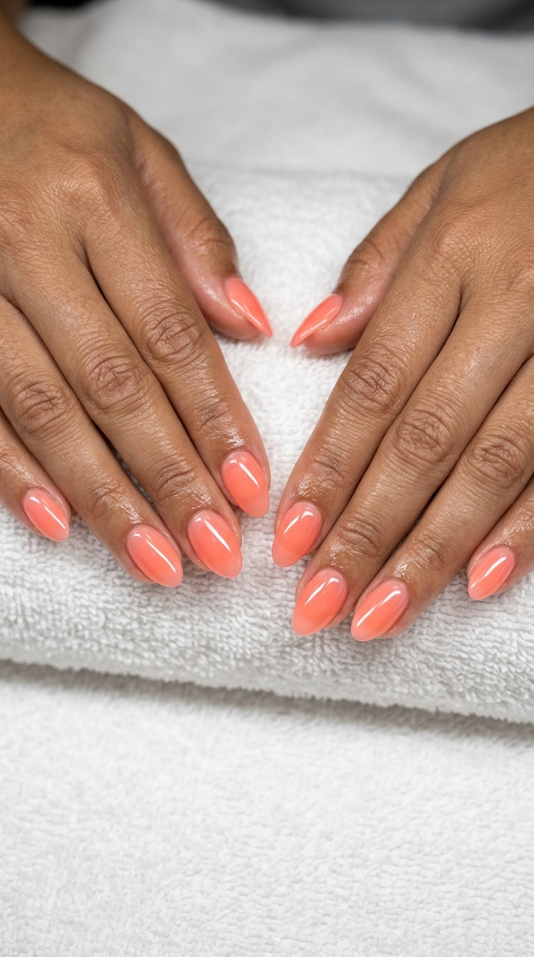 Jelly Coral Almond Nails 2026 Jelly coral almond glow nails for simple short summer nails 2026. Bohemian and radiant for beach trips.