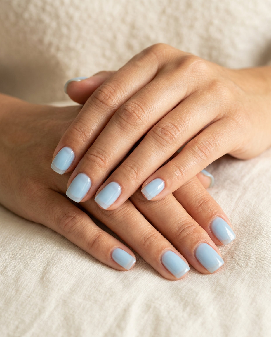 Jelly Sky Blue Squoval Nails 2026 Pale sky blue jelly squoval nails for simple short summer nails 2026. Serene and clean for everyday wear.