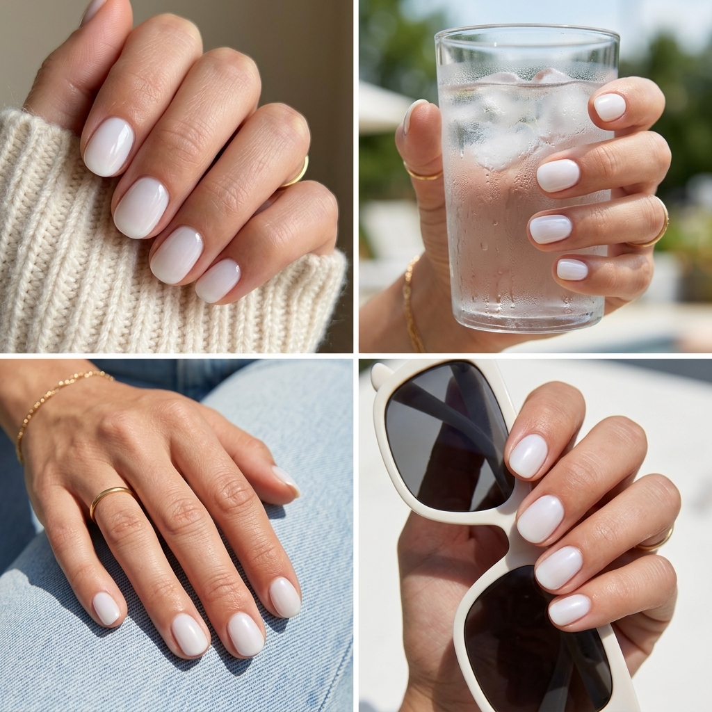 Milky Haze Nails 2026: Ethereal Summer Look Simple short summer nails 2026: Milky white round nails with a soft gradient aura effect for clean-girl style.