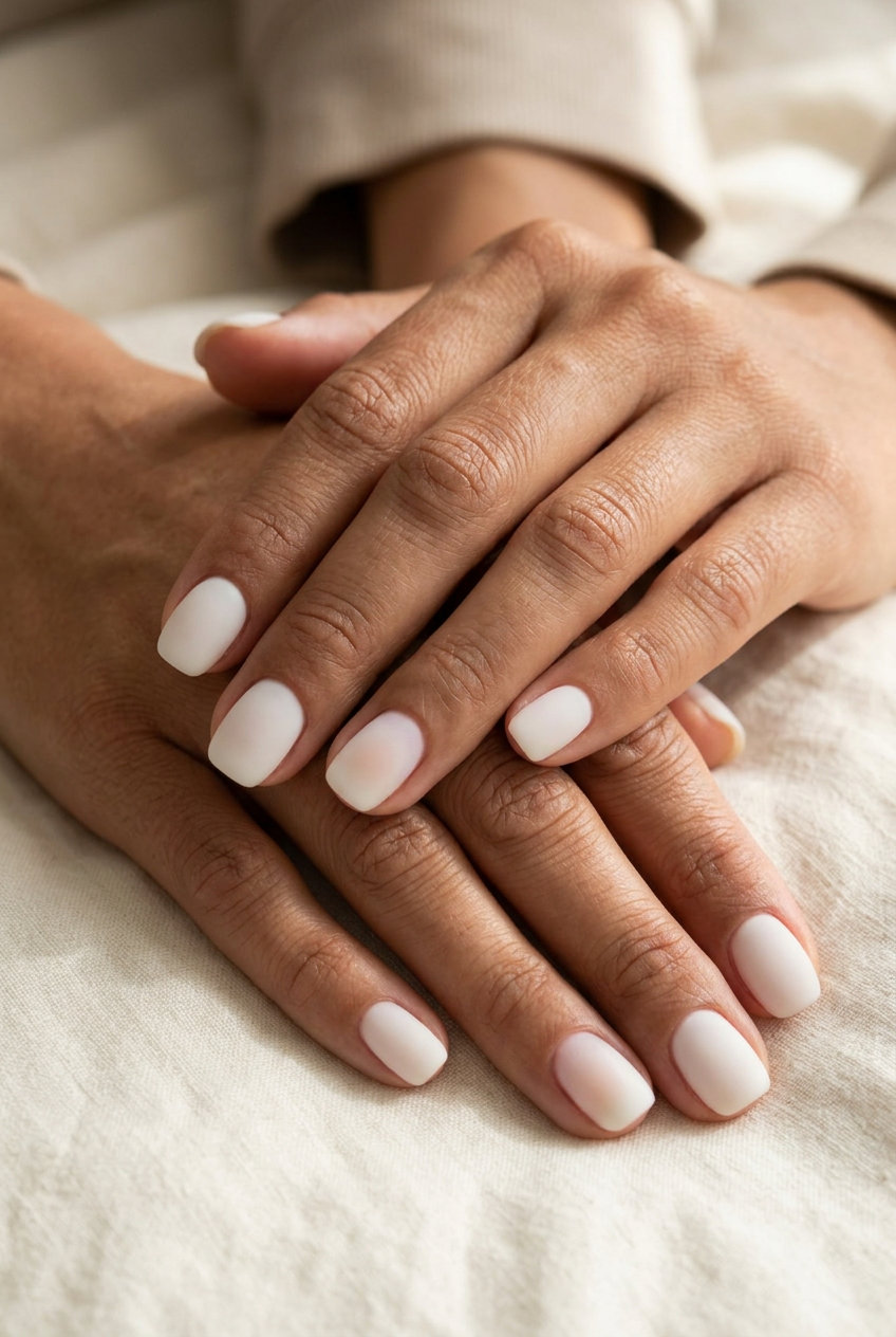 Milky White Aura Squoval Nails 2026 Milky white aura squoval accent nails for simple short summer nails 2026. Minimalist and clean for work.