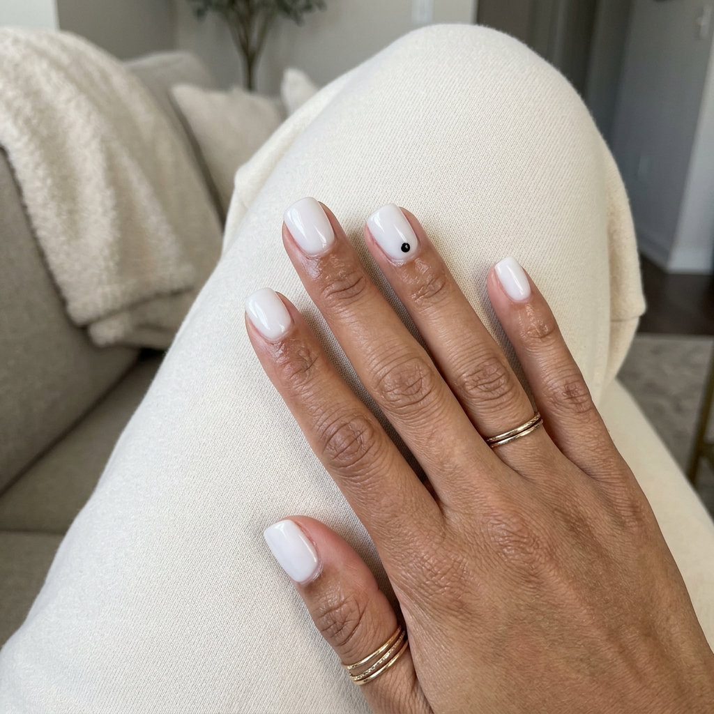 Milky White Dot Nails 2026 | Minimalist Style Milky white squoval nails with a single black dot accent for everyday wear. Simple short summer nails 2026.