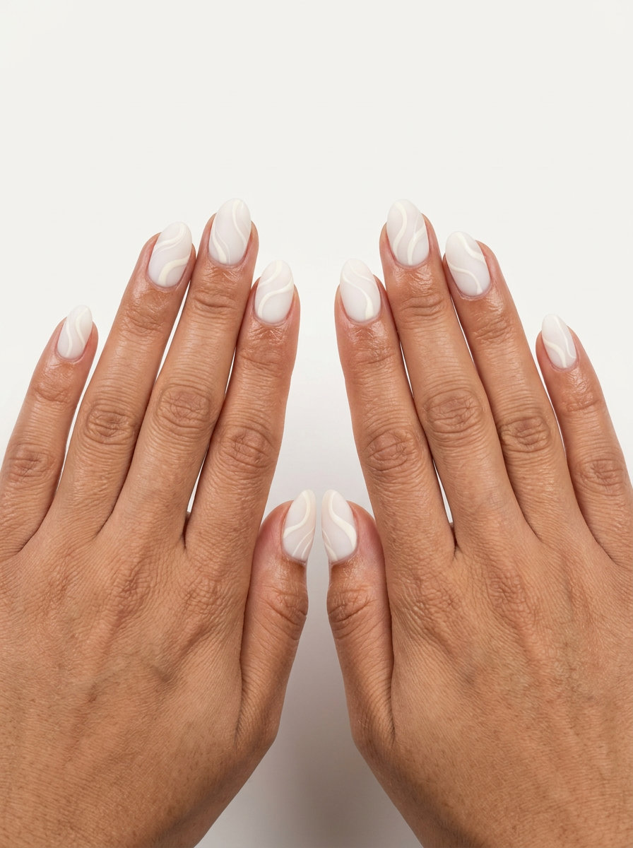 Milky White Swirl Nails 2026 | Artistic Style Milky white abstract swirl nails in soft almond shape for formal events. Simple short summer nails 2026.