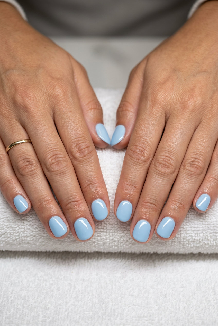 Pale Sky Blue Round Nails 2026 Glossy pale sky blue round nails for simple short summer nails 2026. Perfect for vacation or casual outings.