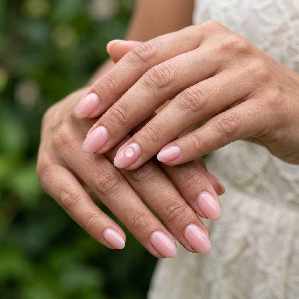 Pink Dew Drop Nails 2026 | Romantic Style Sheer pink soft almond nails with clear gel dew drop accent for weddings. Simple short summer nails 2026.