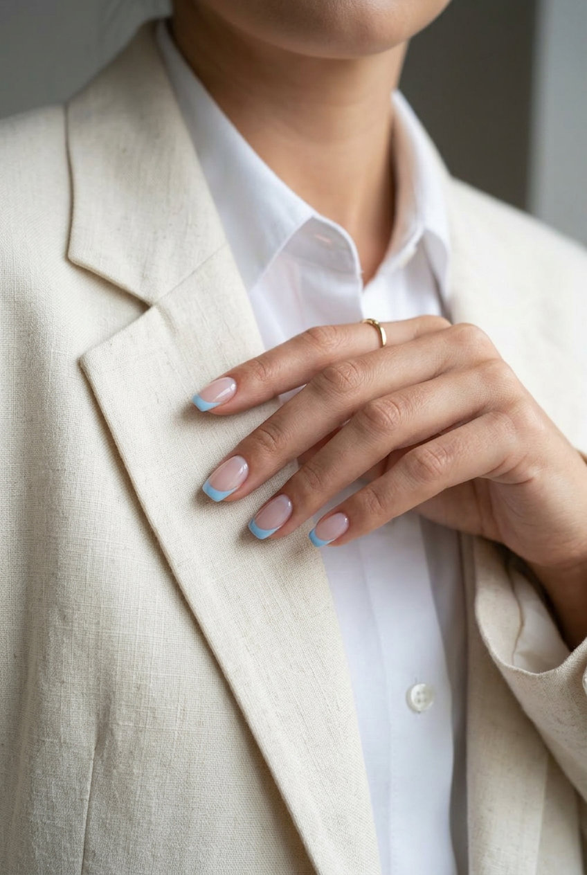 Reverse French Sky Blue Nails 2026 Pale sky blue reverse French squoval nails for simple short summer nails 2026. Sophisticated for work or date night.