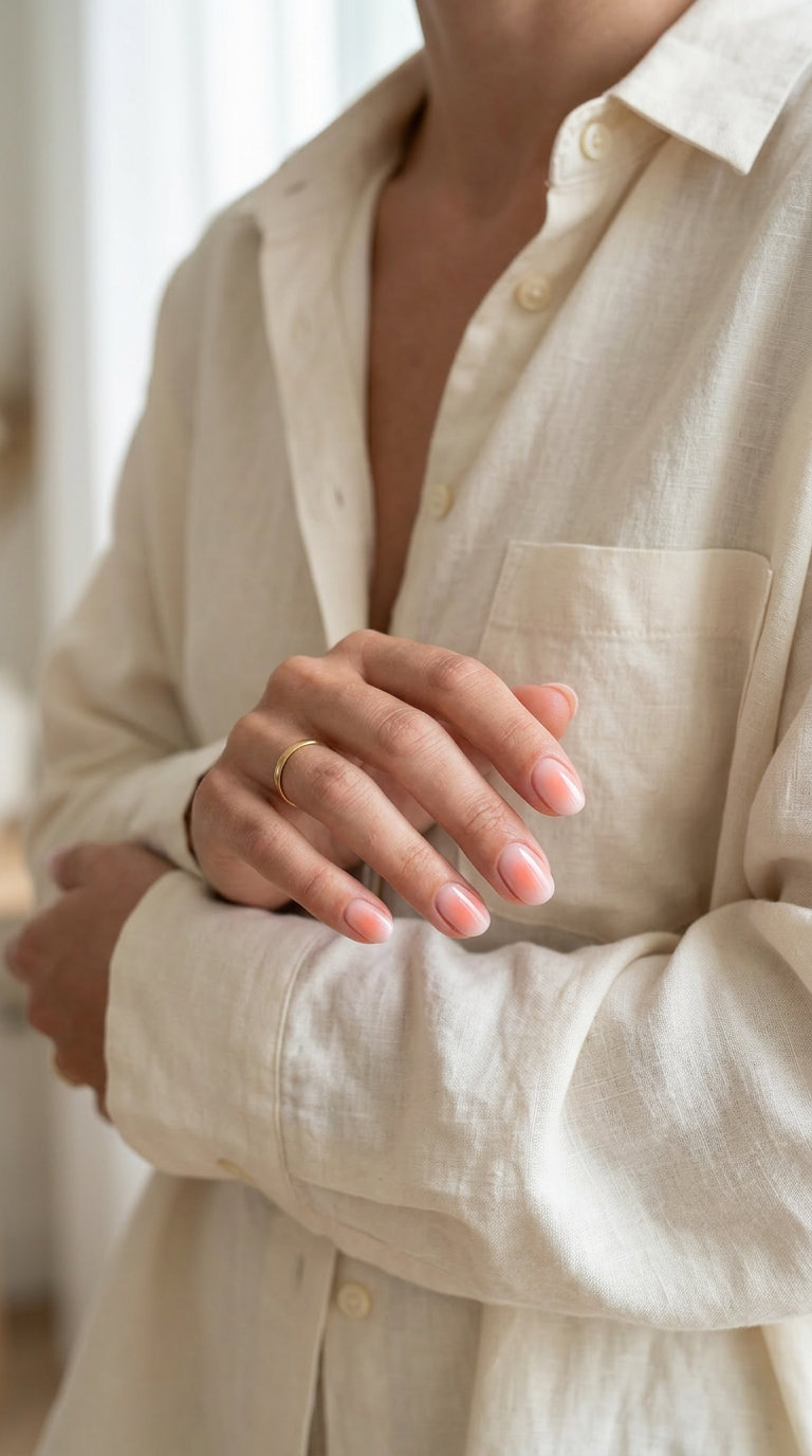 Sheer Pink Aura Nails 2026 | Clean-Girl Style Sheer pink aura round nails with glossy finish for everyday wear. Simple short summer nails 2026.