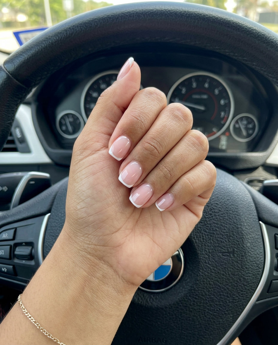 Sheer Pink French Nails 2026: Polished Summer Style Simple short summer nails 2026: Sheer pink squoval nails with soft white micro French tip for polished office wear.