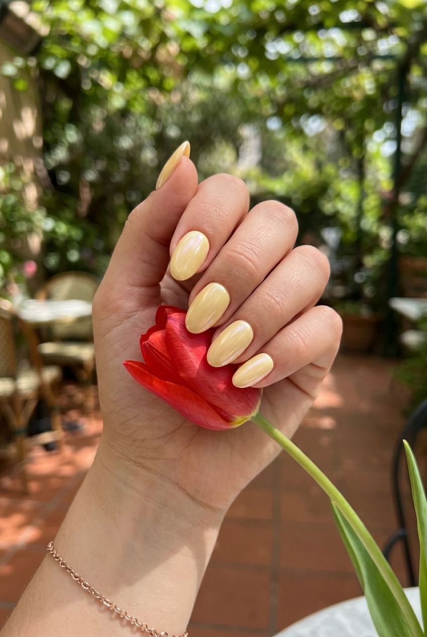 Butter yellow glazed donut nails for casual summer days, simple summer acrylic nail designs 2026.