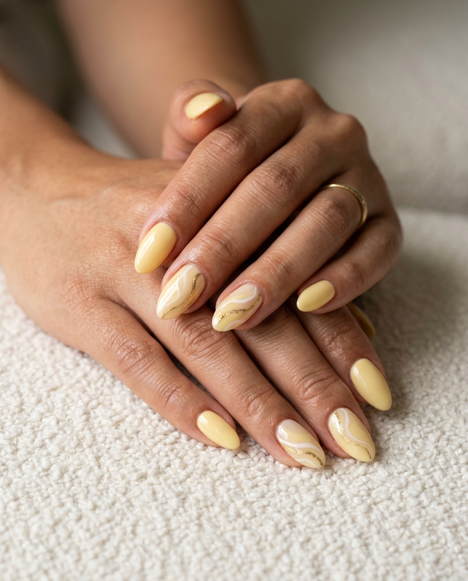Simple summer acrylic nail designs 2026: Butter yellow abstract swirls on almond nails for vacation.