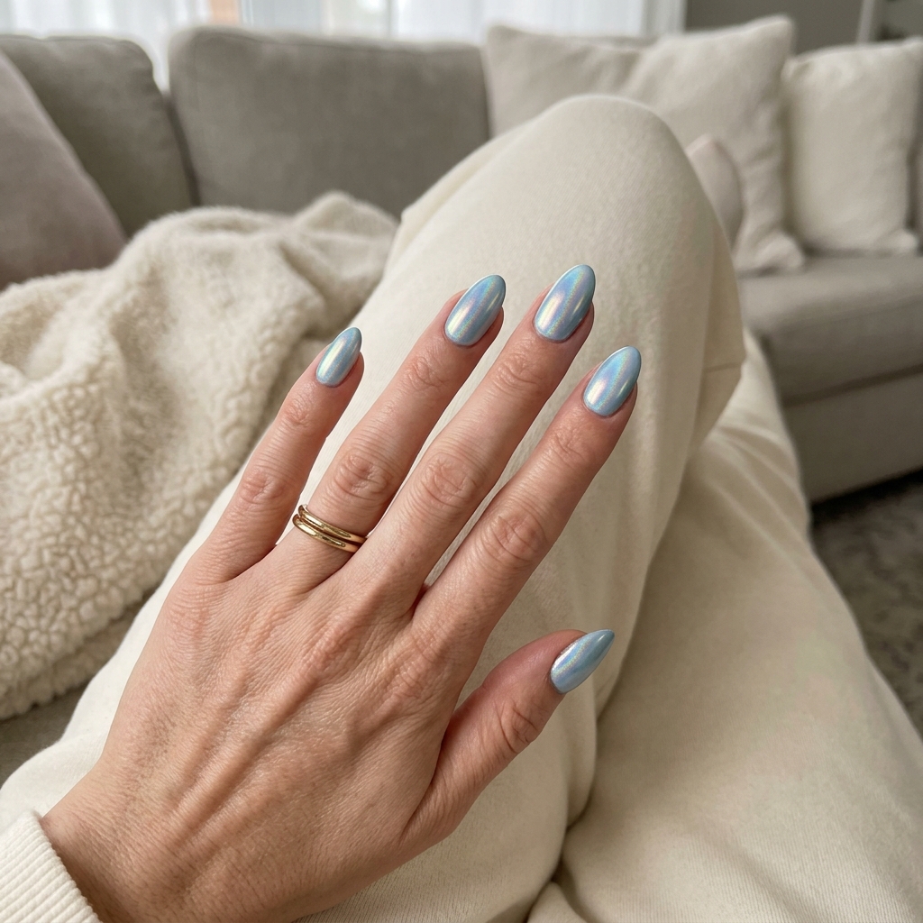 Holographic chrome light blue almond nails for summer vacation & parties, simple summer acrylic nail designs 2026.