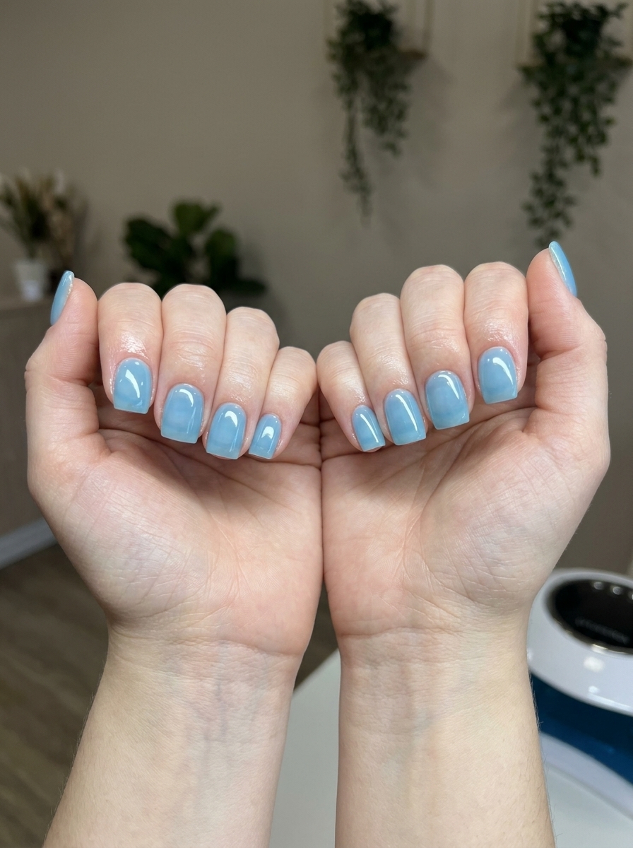 Simple summer acrylic nail designs 2026: Watermelon jelly blue short square nails for vacation.