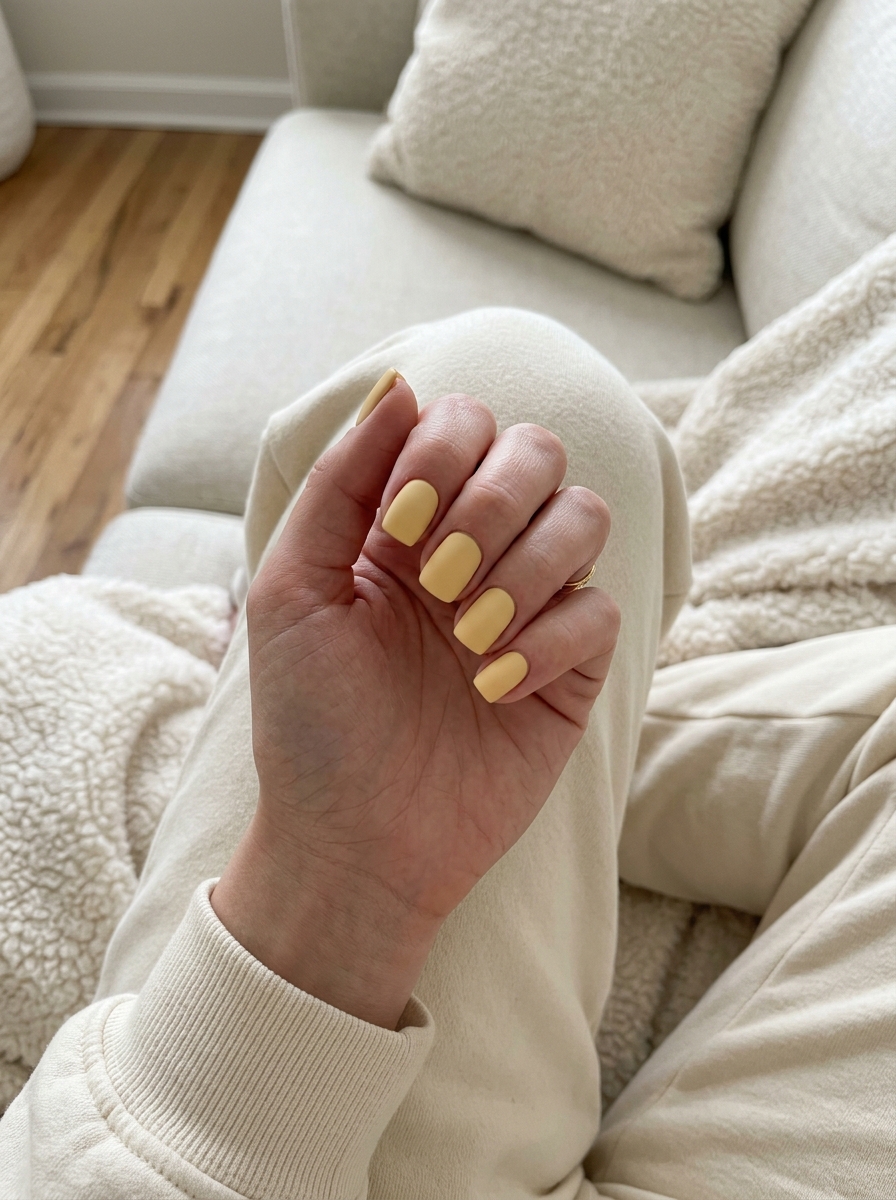 Simple summer acrylic nail designs 2026: Matte butter yellow short square nails for daily wear.