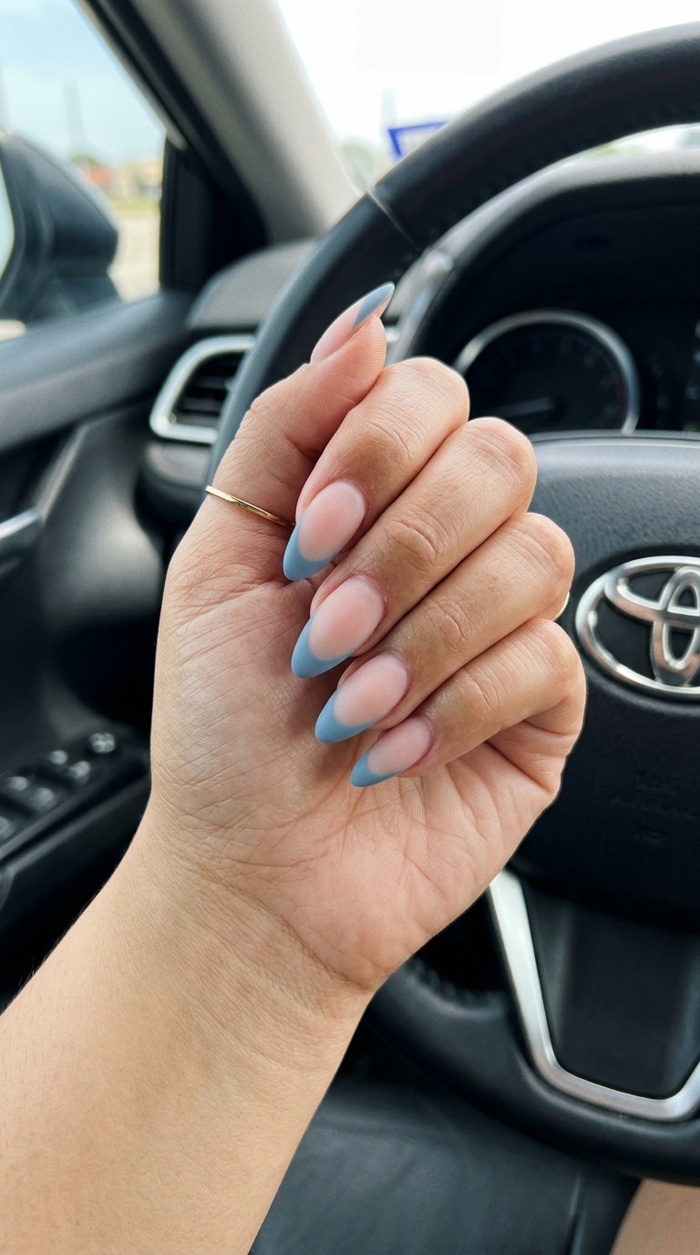 Matte sky blue French almond nails for formal events & date nights, simple summer acrylic nail designs 2026.