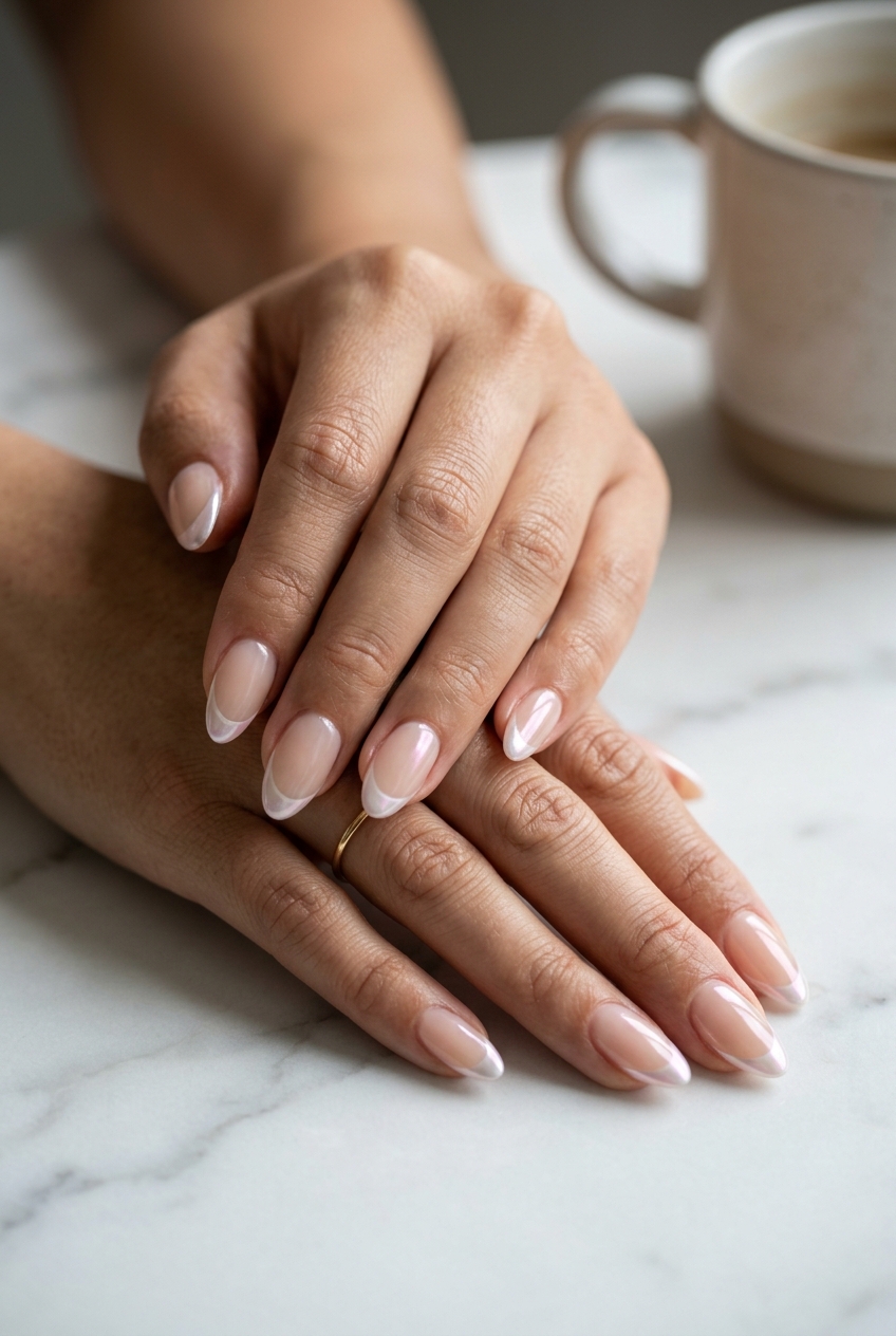 Micro French chrome accent almond nails for simple summer 2026 work. Sophisticated, chic, and modern.