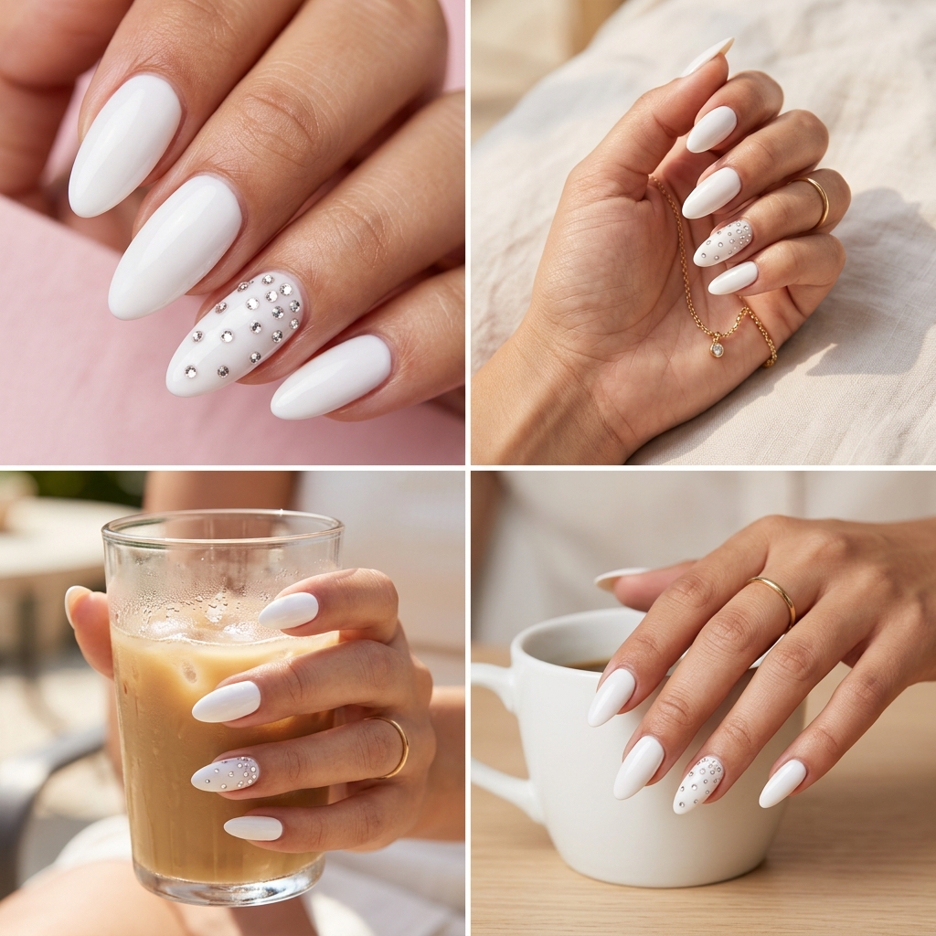 Simple summer acrylic nail designs 2026: Milky white short square nails with crystal accents.