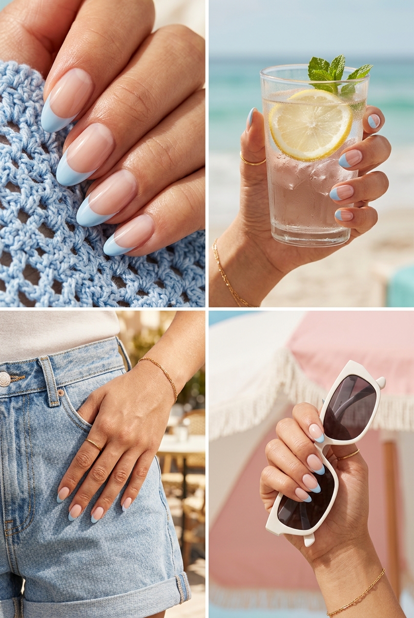 Simple summer acrylic nail designs 2026: Negative space light blue French tips on almond nails.