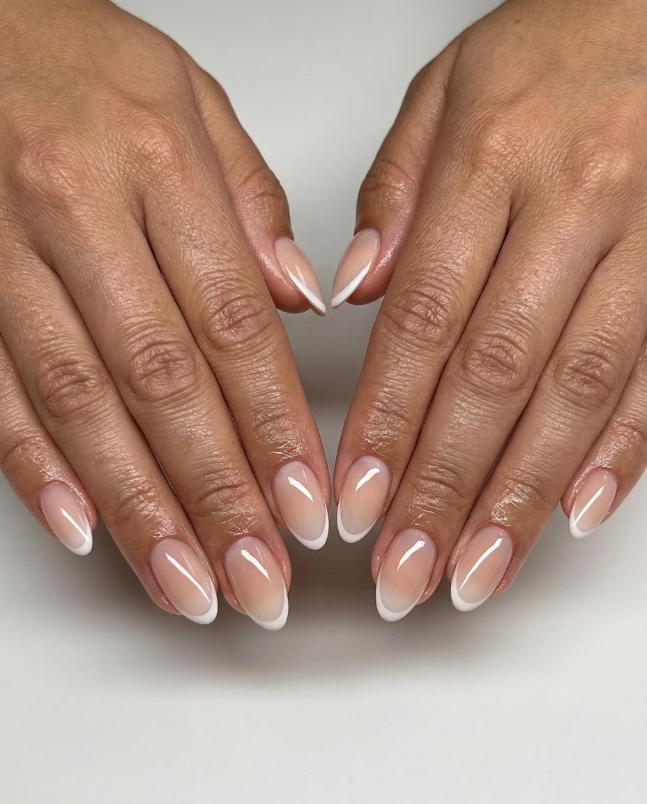Simple summer acrylic nail designs 2026: Nude gradient micro French tips on almond nails for work.