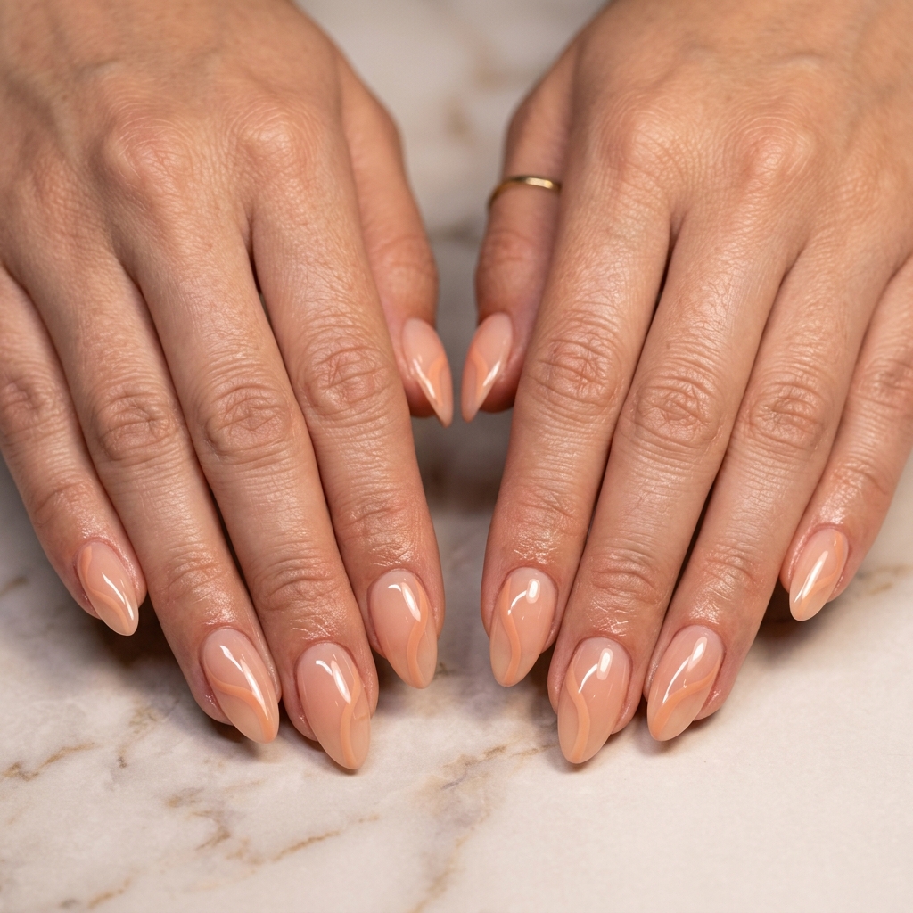 Simple summer acrylic nail designs 2026: Peach Fuzz abstract lines on almond nails for everyday wear.