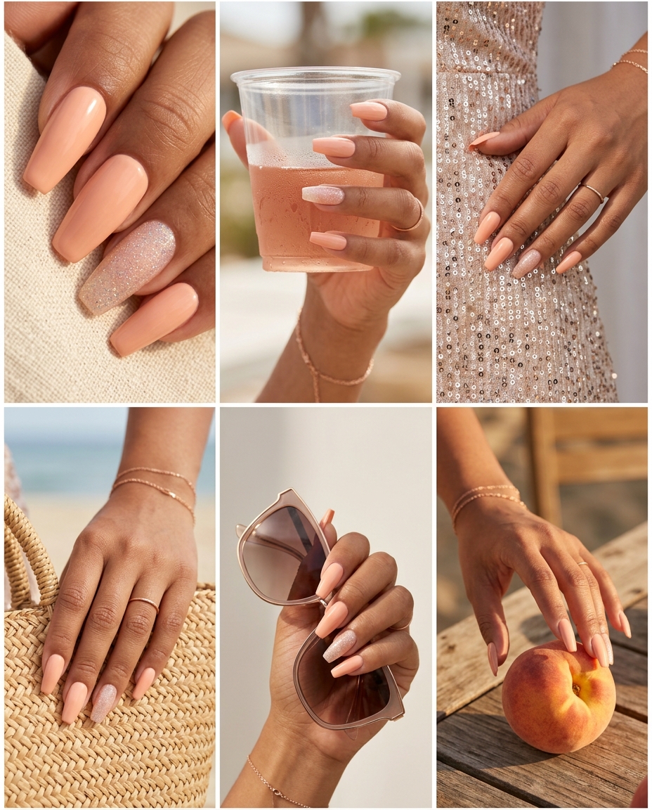 Simple summer acrylic nail designs 2026: Sparkling peach fuzz glitter accent on soft coffin nails.