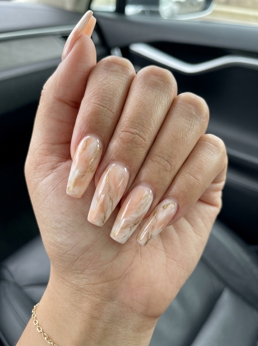 Peach Fuzz marble acrylic nails for summer 2026 date night. Sophisticated, artistic, and romantic almond shape.