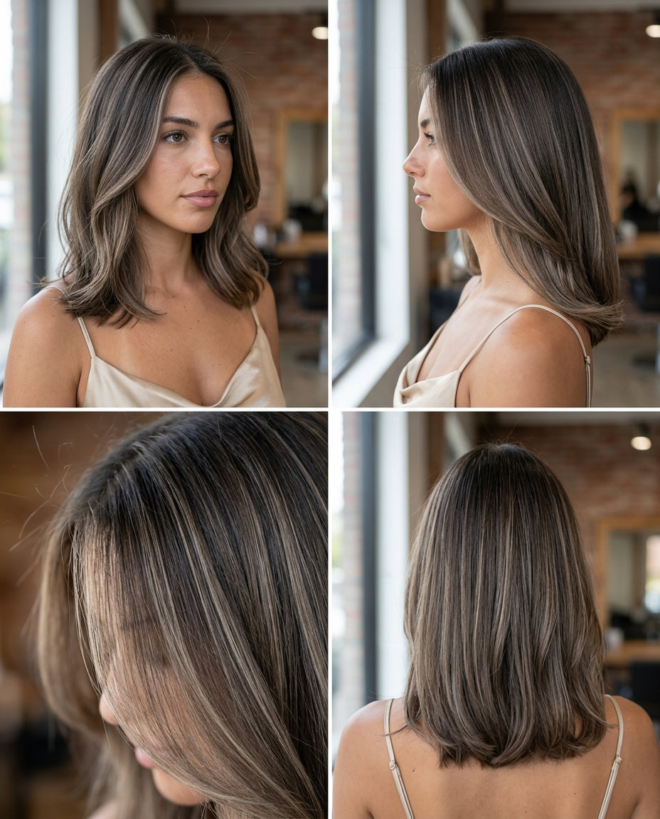 long smoked chai air touch balayage with beige-ash highlights, cool brunette base for modern minimalist