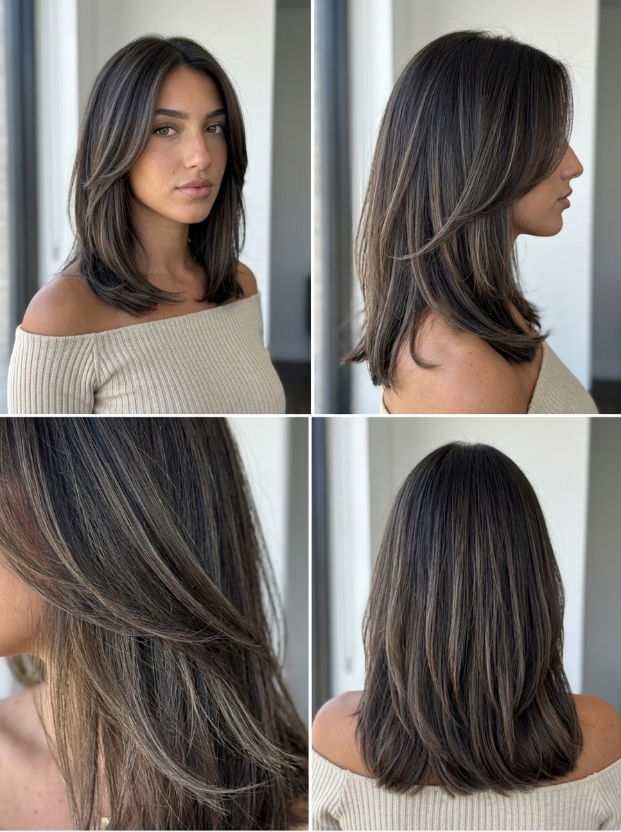 long smoked espresso haircut with charcoal brunette balayage, hand-painted ribbons, for sophisticated professional styles