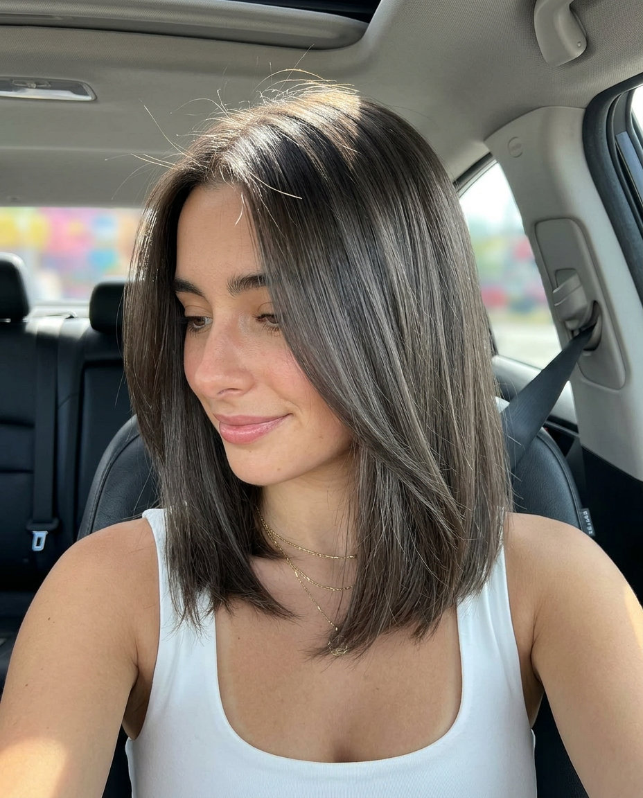 long soft layered midnight brunette with smoked pearl gloss, translucent pearl shimmer, no fringe — sophisticated daily wear
