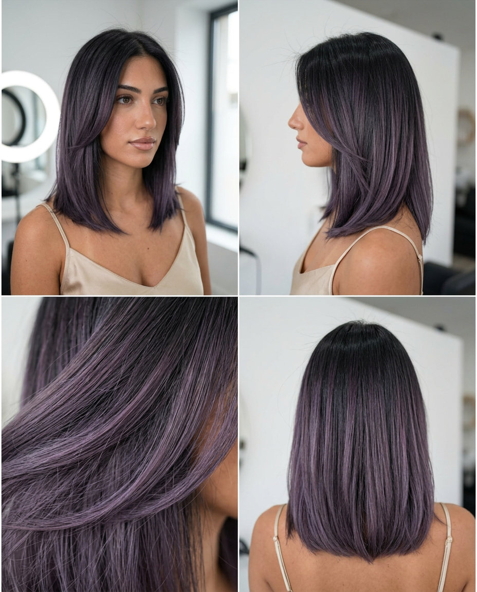 long smoky amethyst air touch balayage with cool black base, violet highlights for bold night out