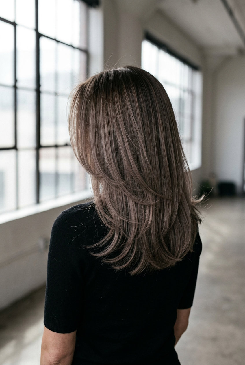 long wavy brunette hair with smoky birch balayage, neutral brown root to grey-brown highlights for earthy vibe