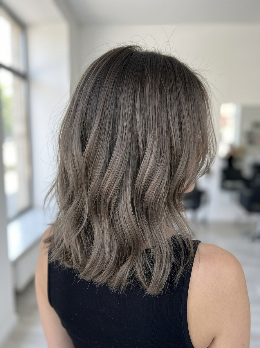 shoulder-length textured lob haircut with smoky birch brunette, teasylights, and subtle internal layers for playful looks