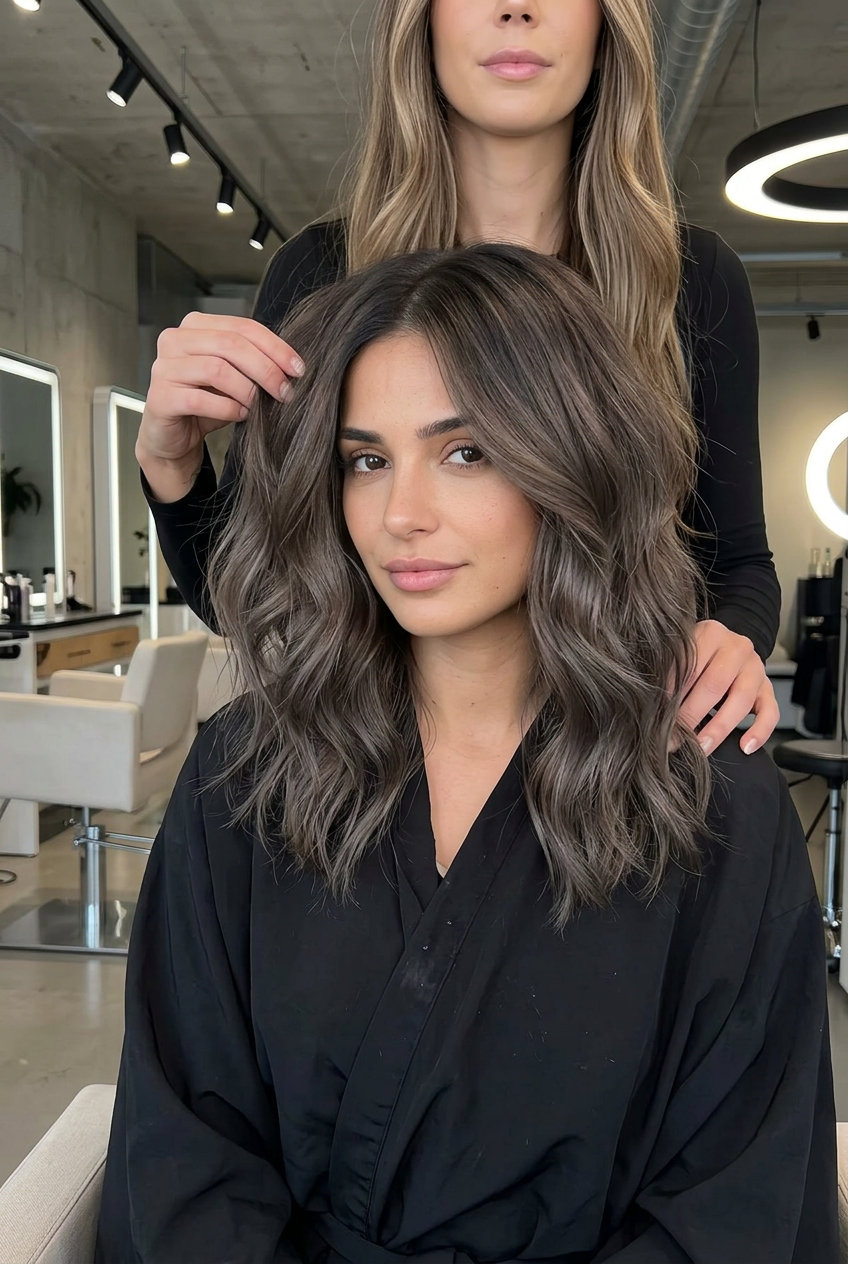 Smoky Shiitake Mushroom Brown Color Melt 2026 shoulder-length smoky shiitake mushroom brown color melt with grey-blue undertones for modern grunge