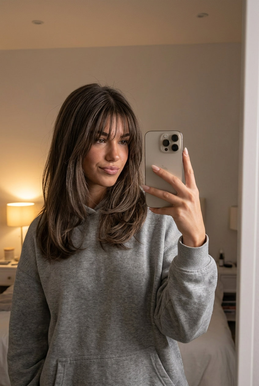medium-length smoky walnut hair with matte ash, birkin bangs for date night