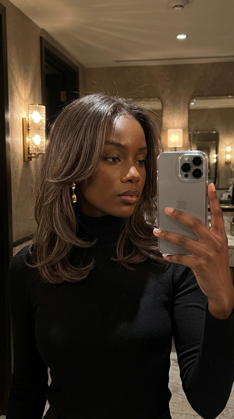 medium smoky walnut layered haircut with ash ribbons and face-framing layers for a sophisticated look